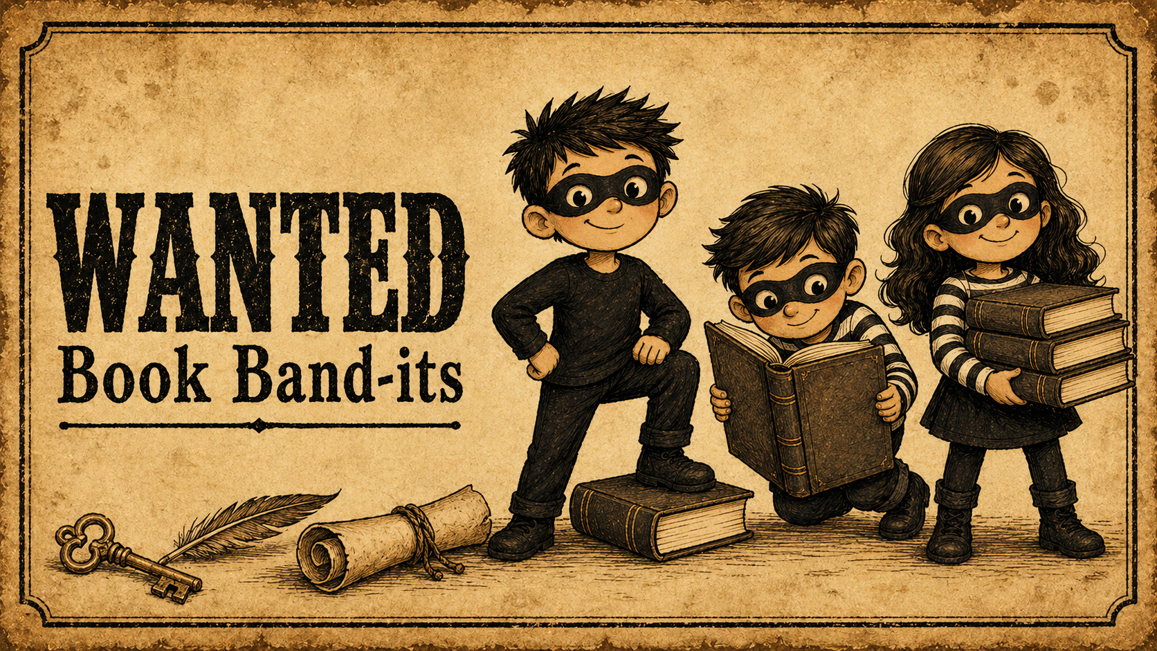 Wanted poster: three young bandits with kerchief masks, holding books.
